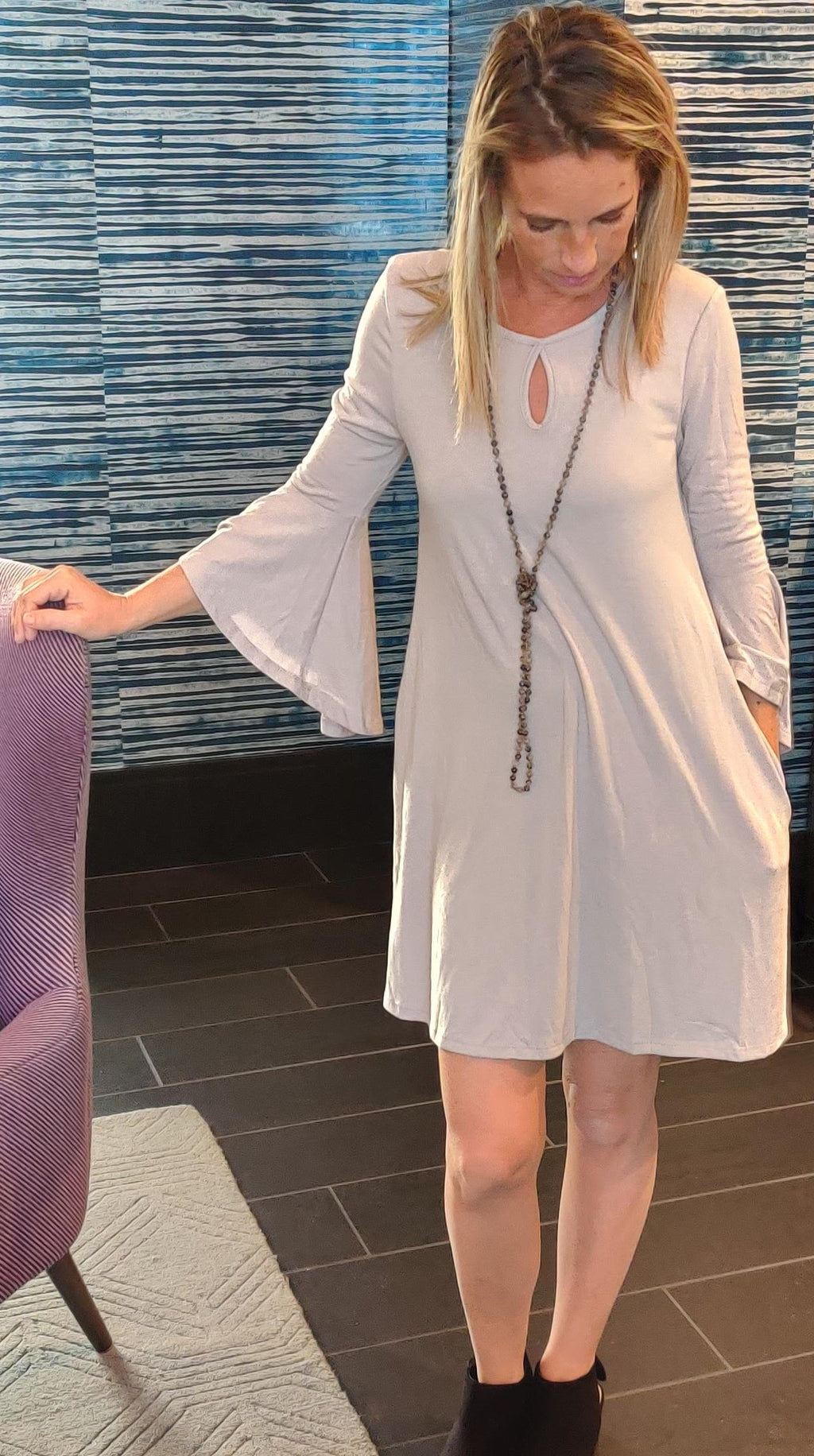 Light Gray Ruffle-Sleeve Pocket Dress – image 1