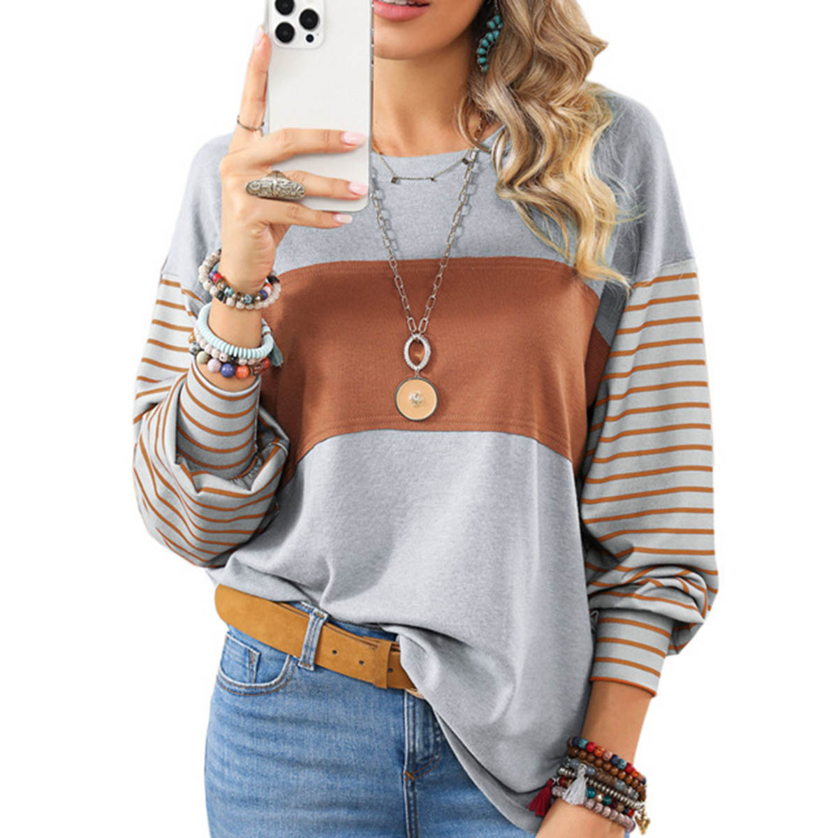 Women's Striped Long-Sleeve Henley Top – image 3