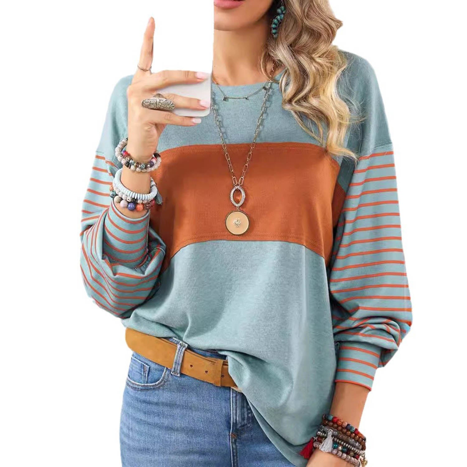 Women's Striped Long-Sleeve Henley Top – image 1