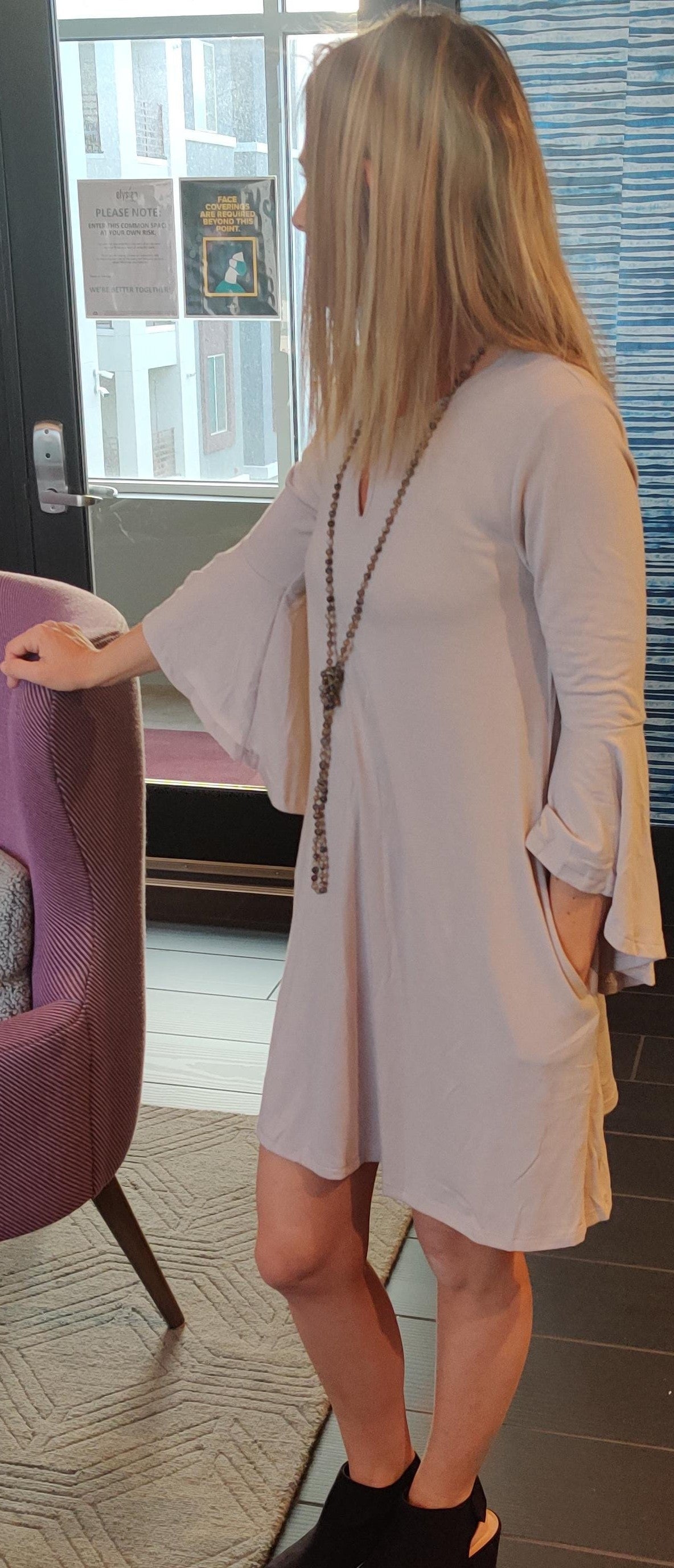 Light Gray Ruffle-Sleeve Pocket Dress – image 3